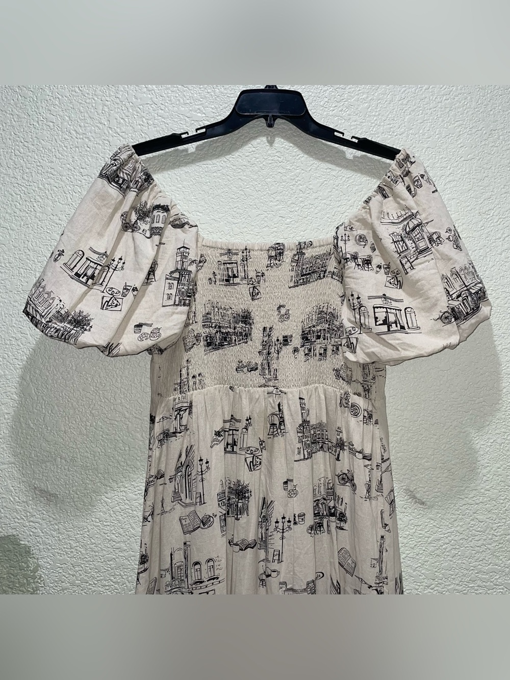 Tulip Creations Cotton/Linen Dress French Bistro Toile Café Cake Puff Sleeve XL